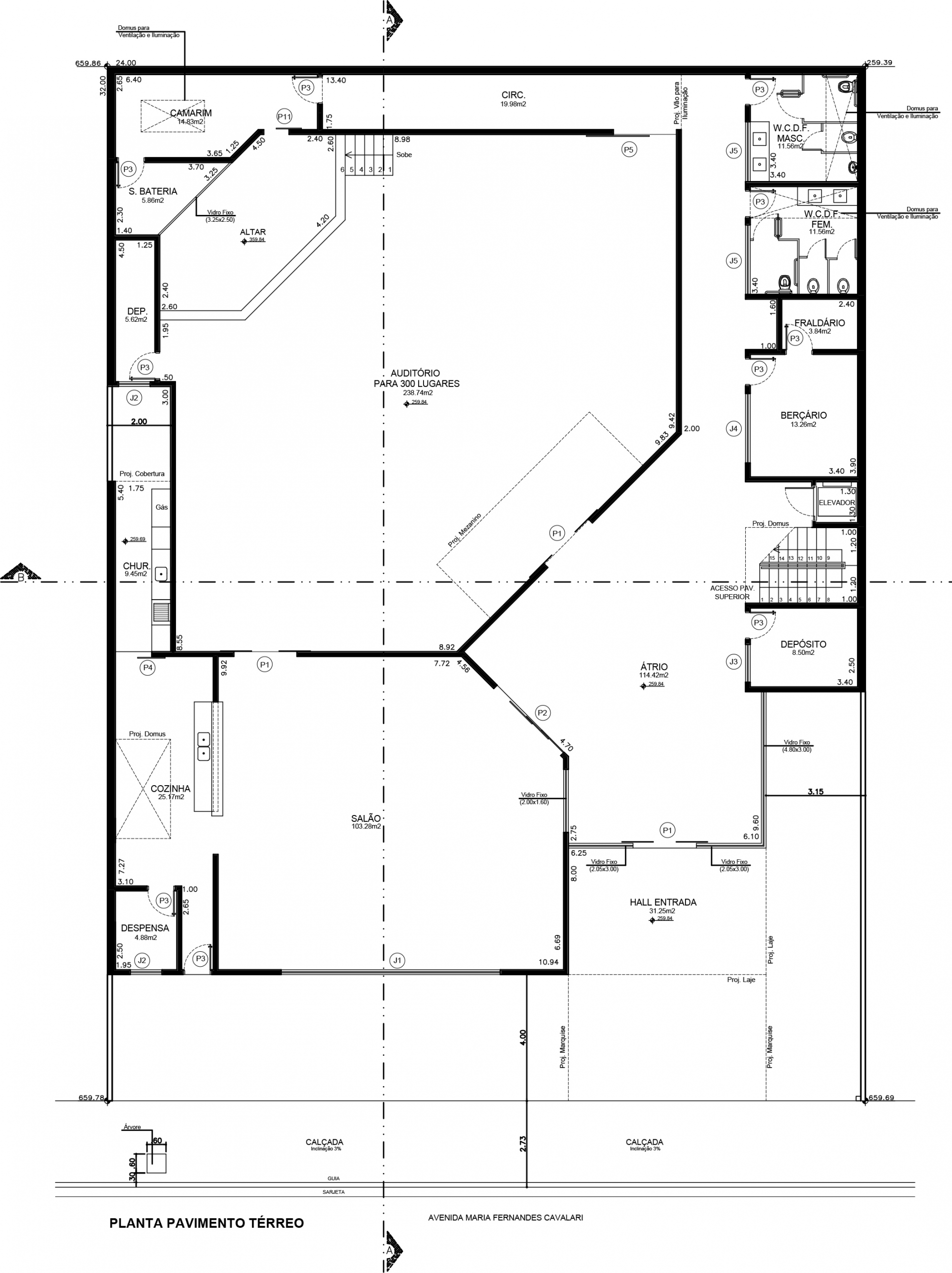 Pavimento térreo de igreja, com templo e salão comunitário